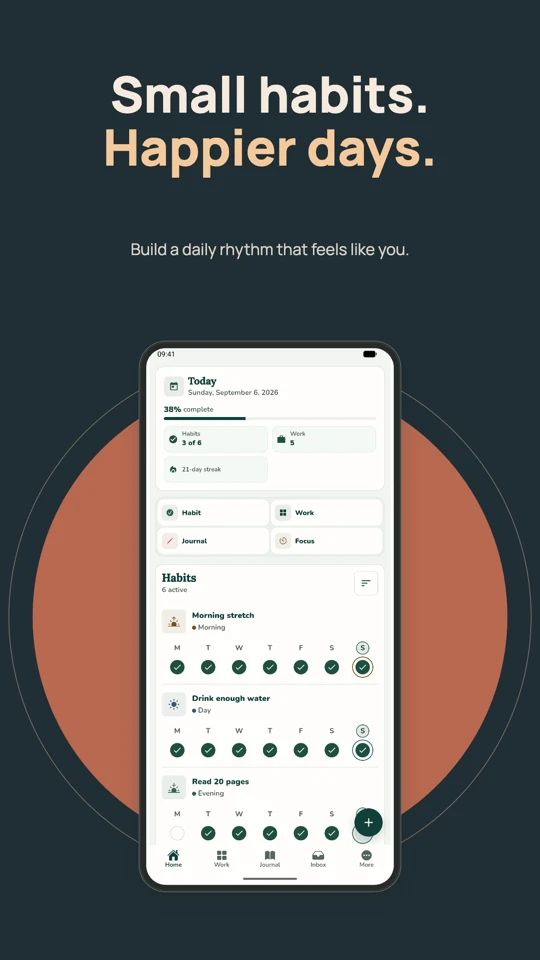 A FrogHappy screenshot in the Halo template, with a dark background, warm circle, and the headline Small habits. Happier days.