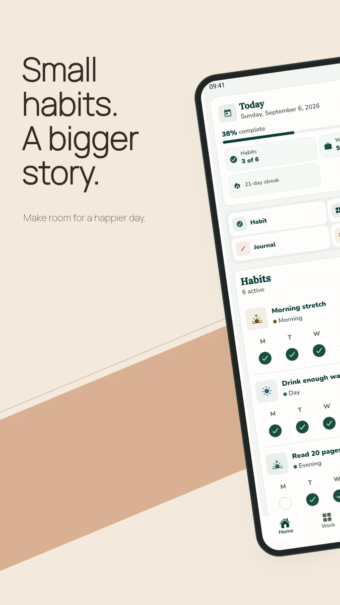 Left slide: Small habits. A bigger story. A tilted phone crosses into the next slide.