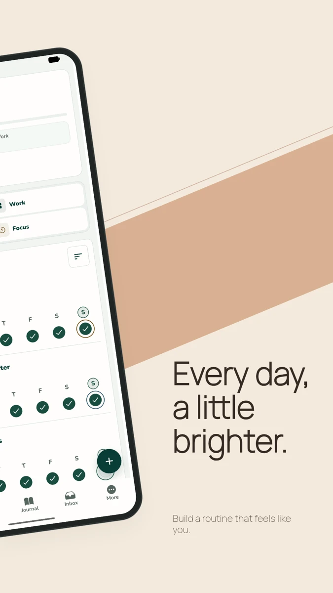 Right slide: the same phone and ribbon continue, with the words Every day, a little brighter.