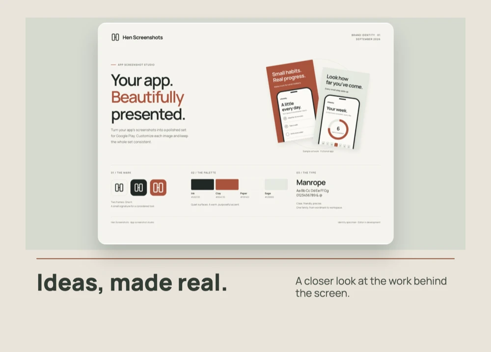 A landscape portfolio card showing the Hen Screenshots brand design, with the caption Ideas, made real.